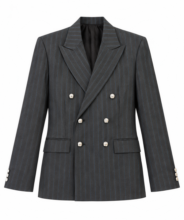 Charcoal Pinstripe Double-Breasted Wool Blazer
