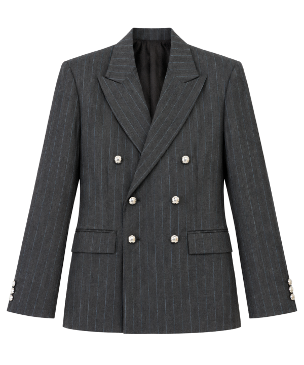 Charcoal Pinstripe Double-Breasted Wool Blazer