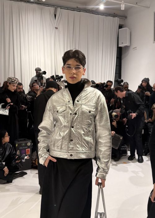 Mario Salman at NYFW in Metallic leather worker jacket
